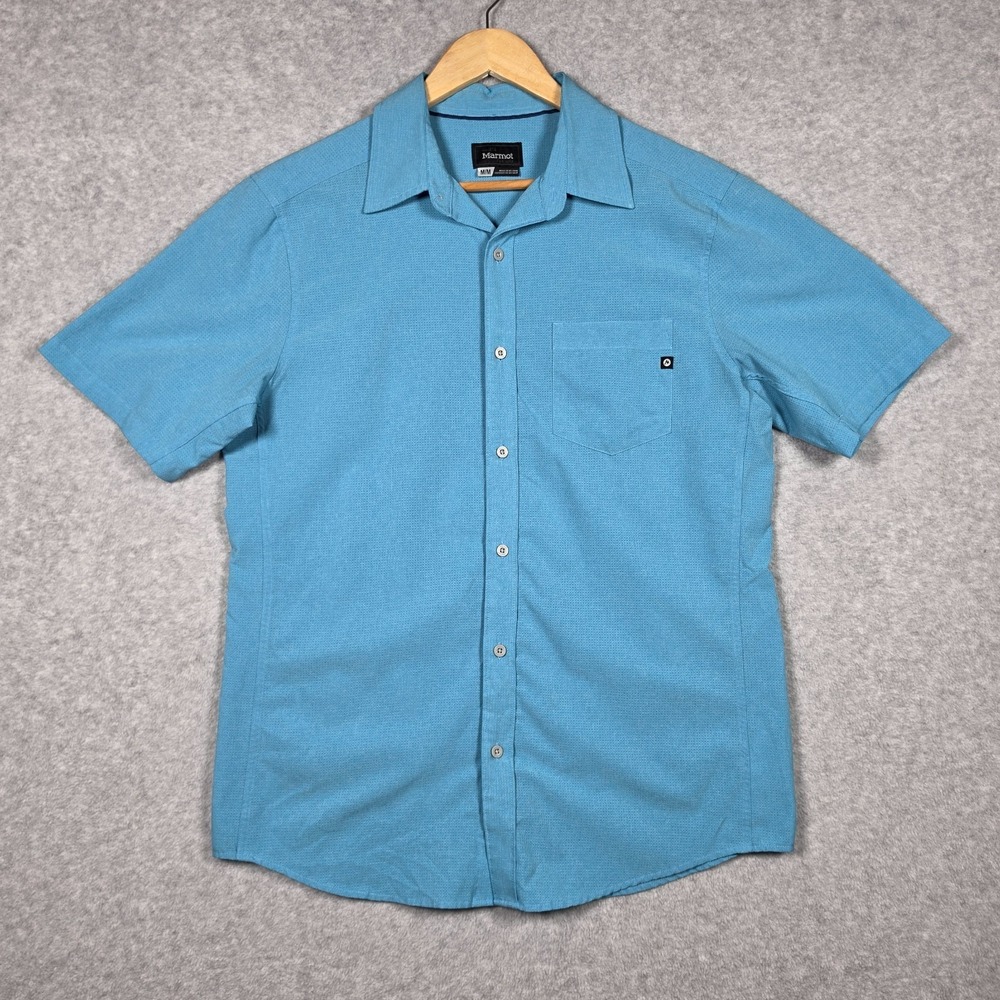 Marmot Shirt Mens Size Medium Cyan Lightweight Perforated Airy Button Down Hike - Picture 2 of 11